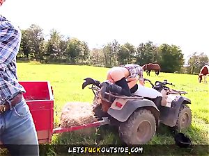 torrid Cowgirls gets plowed by Cowboy in Outdoor three-way